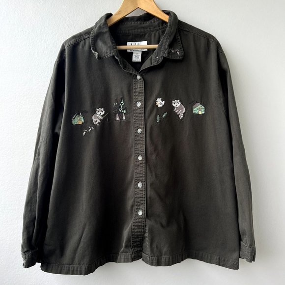 C.J. Banks Tops - C.J. Banks 22W Women Forest Green Button Long Sleeve Embroidered Animal Critter